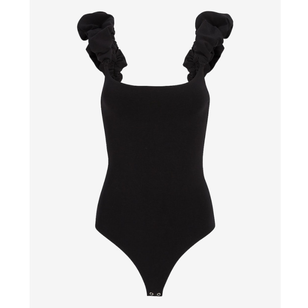Ruched puff strap scoop neck thong bodysuit